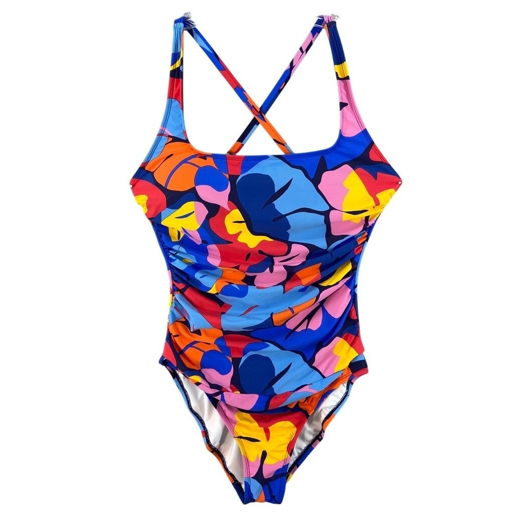 Nautica One Piece Swimsuit‎ Womens XL Multicolored Tropical Leaf Ruched Strappy